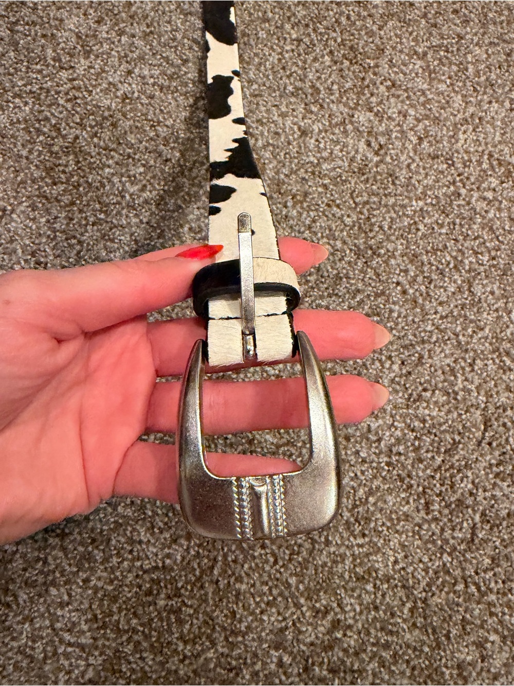 Lucky Brand Black and White Cow Print Leather Belt with Silver Buckle